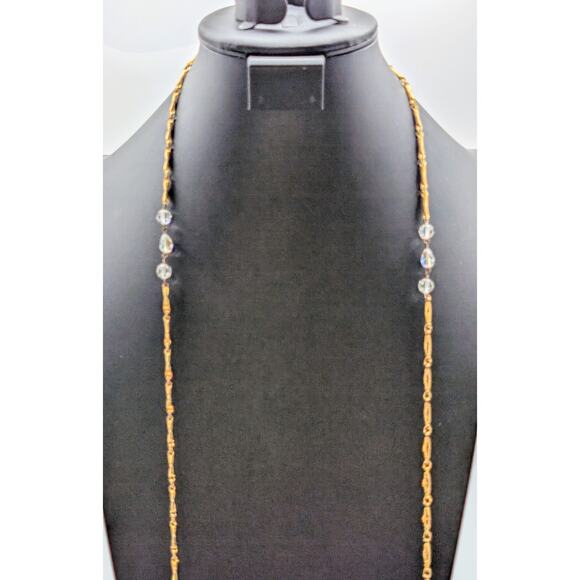 Vintage Glass Crystal Gold Tone Textured Chain Link 48" Long Strand Necklace - Picture 2 of 12